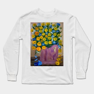 Yellow and blue daisy In a gold and copper jug vase . Long Sleeve T-Shirt